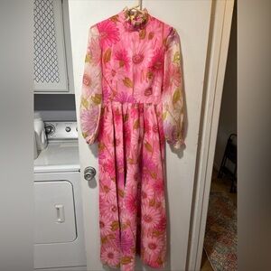 Vintage 1970s Nadine Pink Chiffon Floral Jumpsuit Wide Leg Maxi Dress Size 9